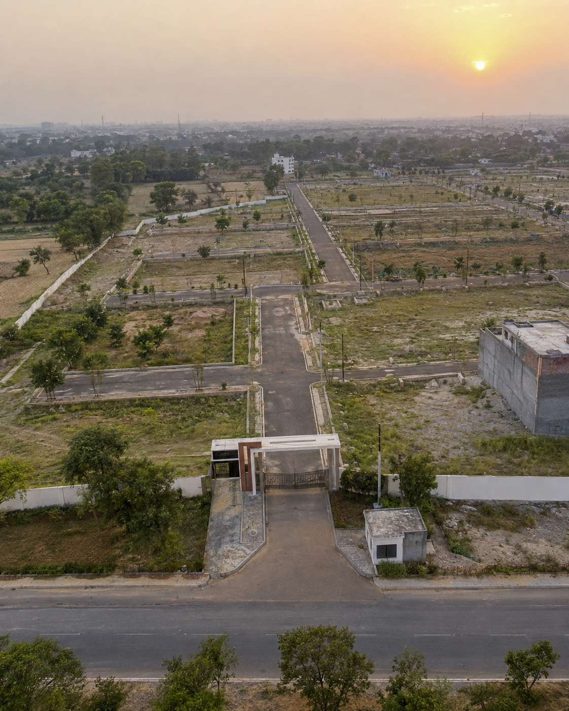 Representative drone-style visual of a plotted development near Lucknow; not an actual Hero Homes Lucknow site photograph